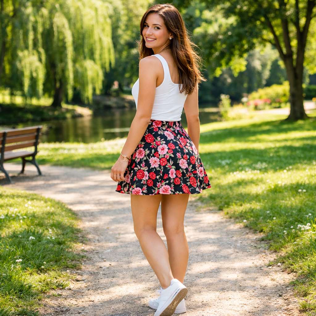 une femme avec une jupe à fleur